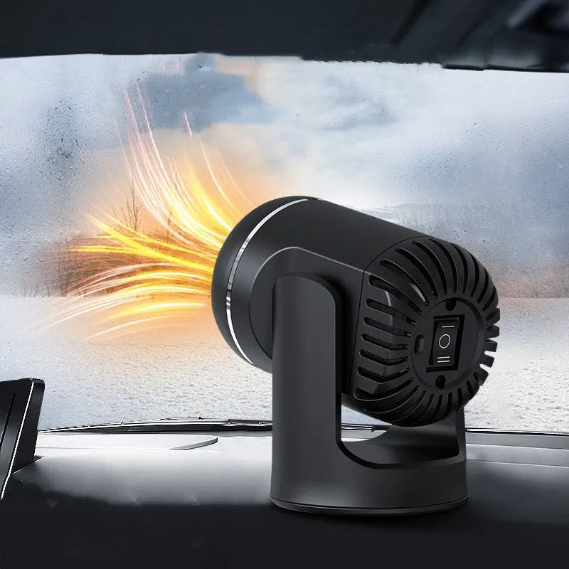 Black and white 12V car heater unit with dual hot cold settings for vehicle defrosting