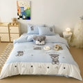 Cute Schnauzer cartoon design cotton bedding set with embroidery details showing quilt cover, sheet, and pillowcase