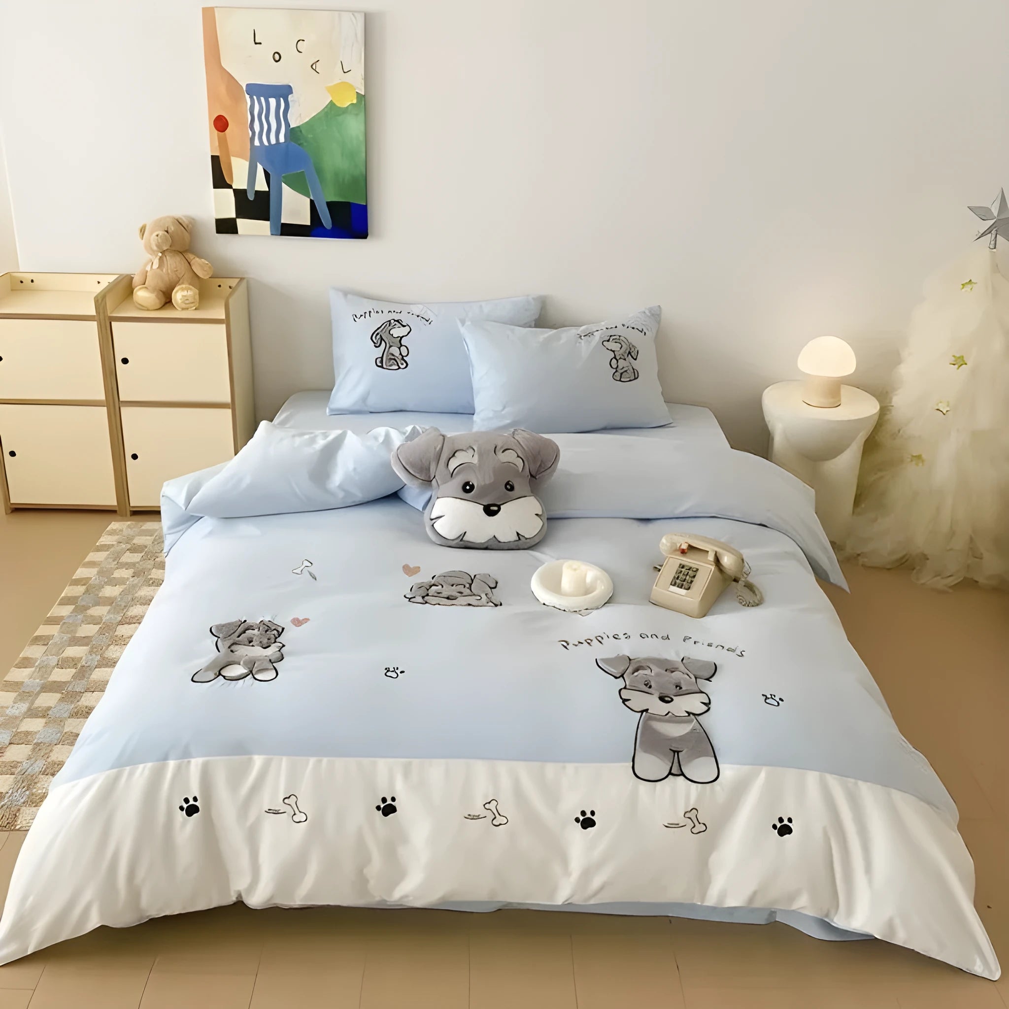 Cute Schnauzer cartoon design cotton bedding set with embroidery details showing quilt cover, sheet, and pillowcase
