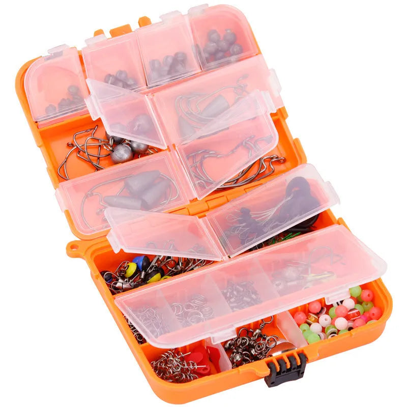 Weihe 257-piece fishing lure and hook accessories set in a black or orange ABS plastic organiser box.