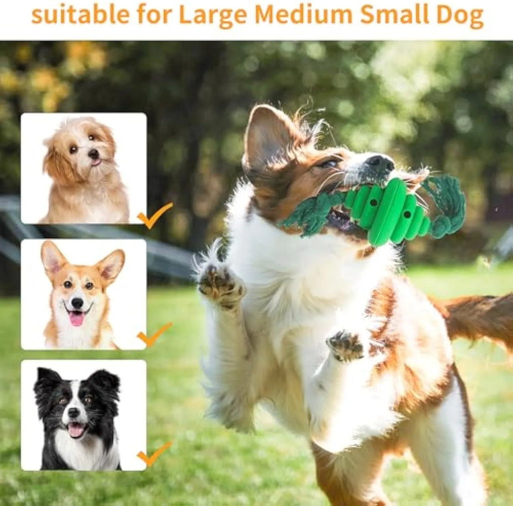 Large green and yellow dog ball with rope attachment for interactive play and treat dispensing