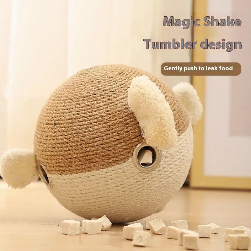 Puffer leakage food feeder cat toy, a 15cm sisal hemp cube for interactive feeding.