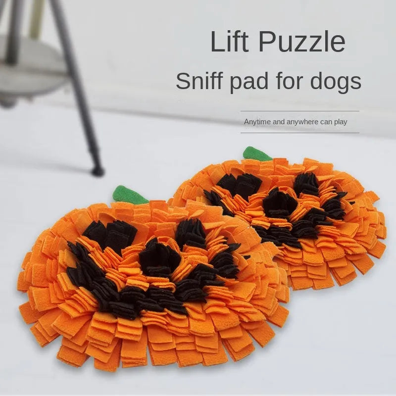 Orange pumpkin design dog sniffing mat with textured fur surface for slow feeding training