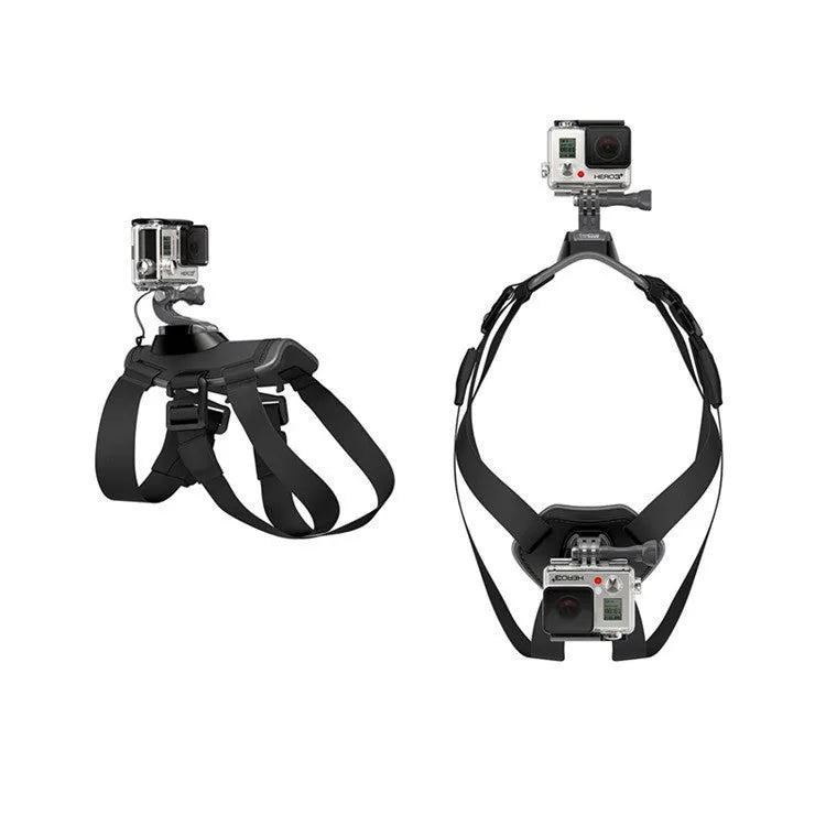 Black dog camera harness chest mount for GoPro, adjustable 7-54 kg, with quick release base and camera lanyard