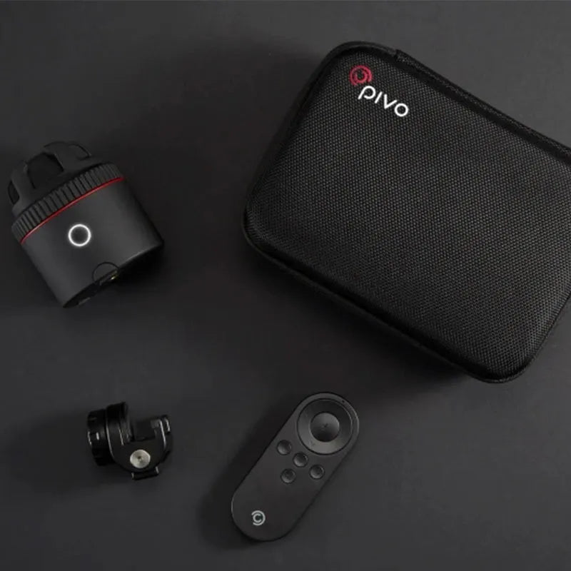 Black PIVO facial tracking camera with matte finish, showing smartphone mount and rotation base.