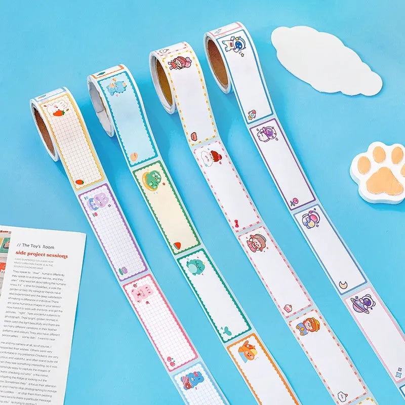 Roll of colourful cartoon name stickers showing dinosaur, astronaut, rabbit, and girl designs for labelling