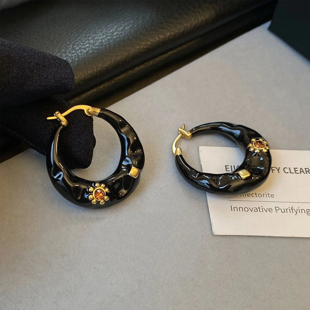 Retro Hong Kong style alloy ear studs with rhinestone inlay in black and red colour options