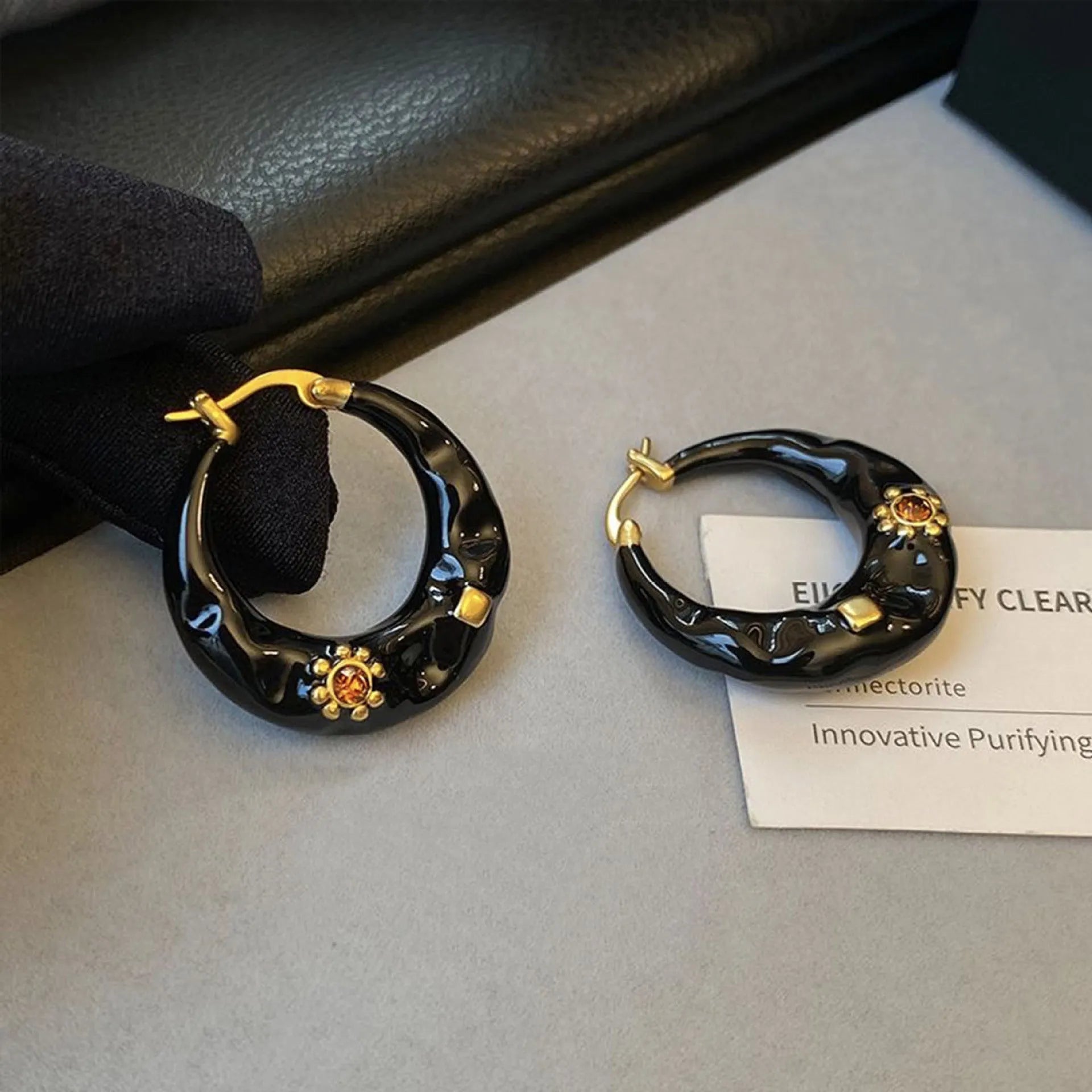 Retro Hong Kong style alloy ear studs with rhinestone inlay in black and red colour options