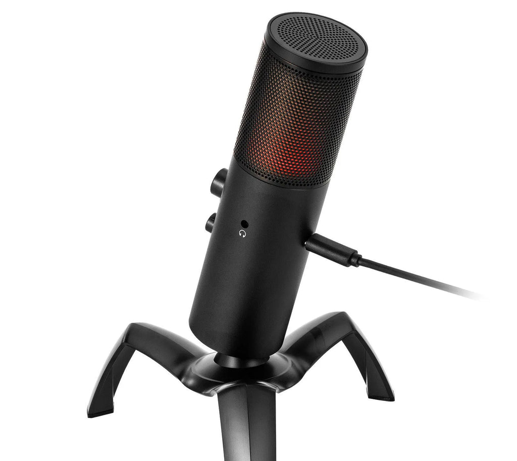 Black Q18 directional condenser microphone with RGB lighting on adjustable tripod