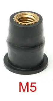 Ten black rubber well nut fasteners with brass inserts for motorcycle windshield mounting, showing M4 M5 M6 sizes.