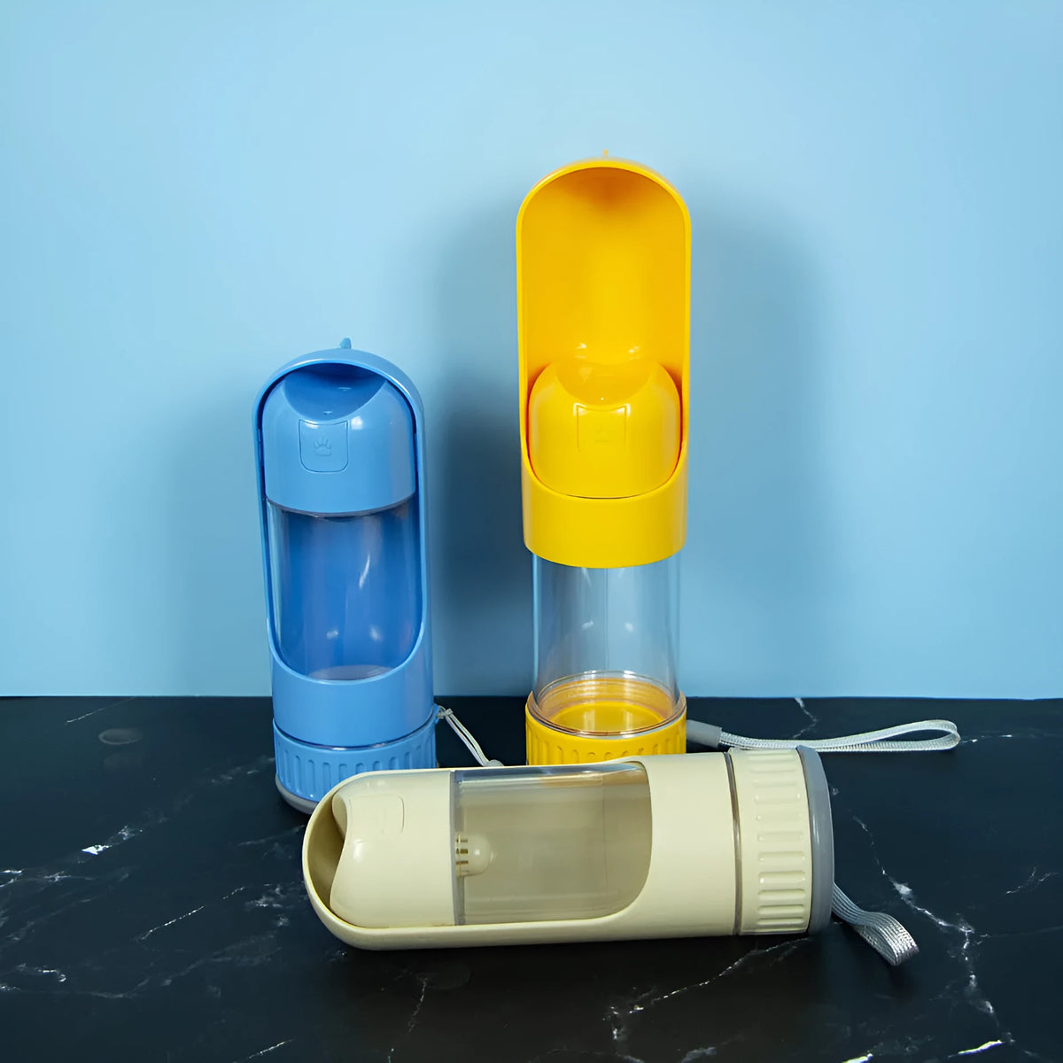 Portable 350ml folding pet cup in plastic, shown as pet tableware for dogs or cats.