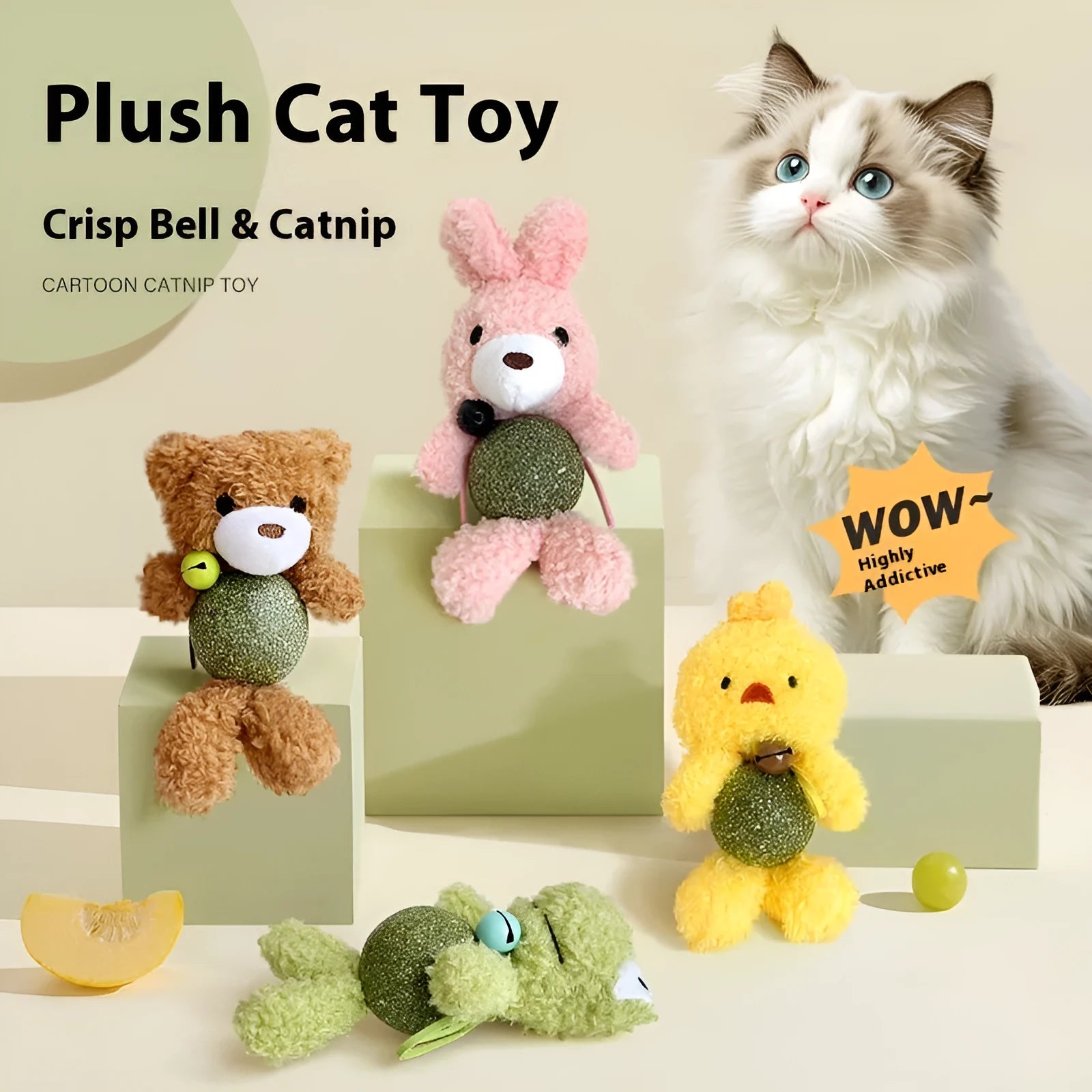 Brown bear plush catnip toy with 4cm mint ball and bell for kitten dental relief and play