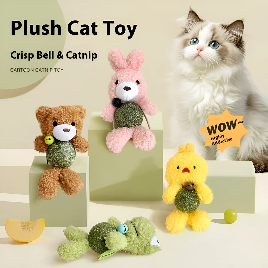 Plush catnip ball toy with bell for cats, shown in brown bear design