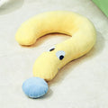 Blue rectangular pet cushion pillow for cats and dogs on a wooden floor.
