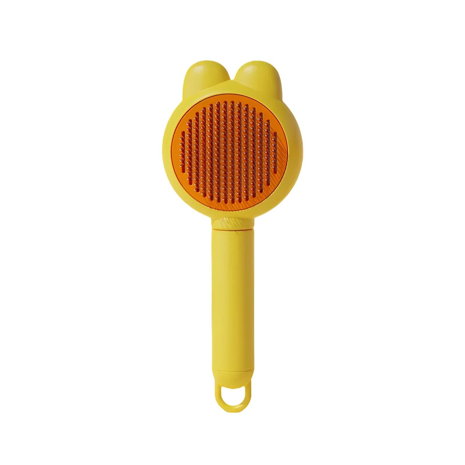 Green self-cleaning pet grooming brush with stainless steel comb and a release button on the handle.