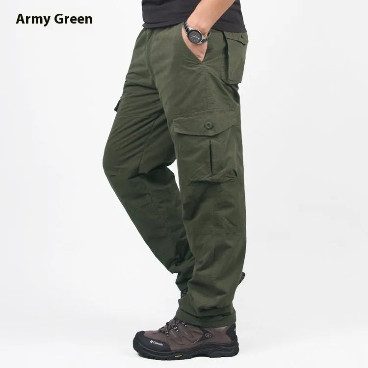 Men's thick cotton work overalls with wool lining and loose-fit straight leg design in khaki colour
