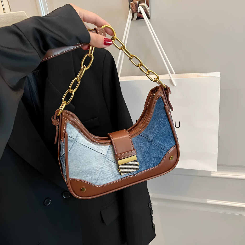 Brown denim women's bucket shoulder bag with diamond mesh chain straps and lock closure