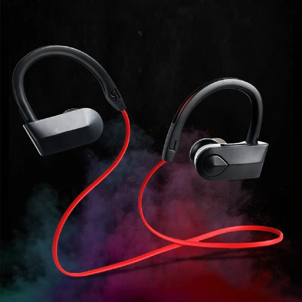 Wireless neckband Bluetooth earphones in black colour showing earpieces and neck-mounted design