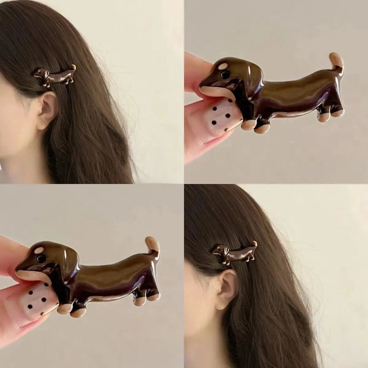 A pair of cute Dachshund dog hair barrettes with a loose, delicate design on a white background.