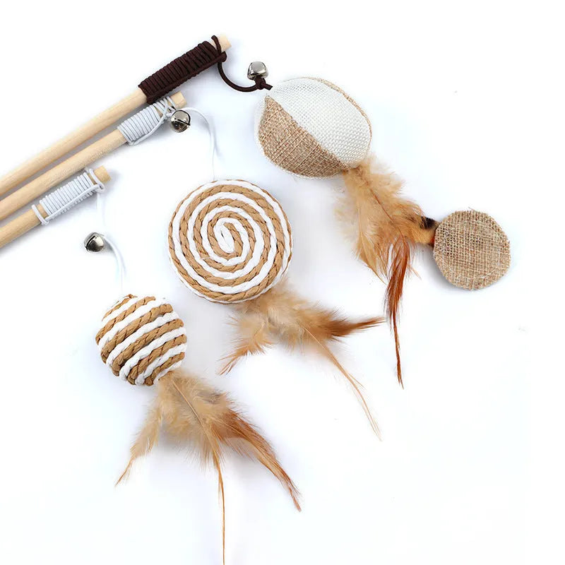 Cat teaser wand toy with wooden pole, cotton string and bell in single-opp style options