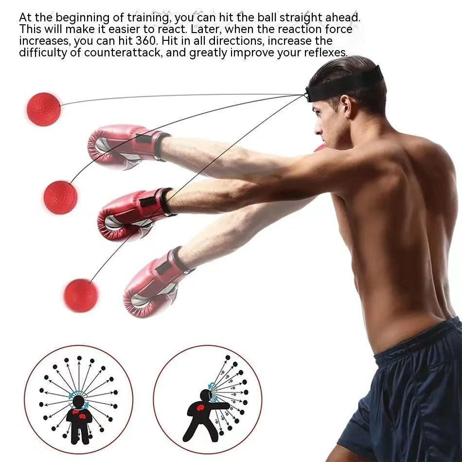Head-mounted boxing reaction training ball with adjustable headband and red PU soft ball.