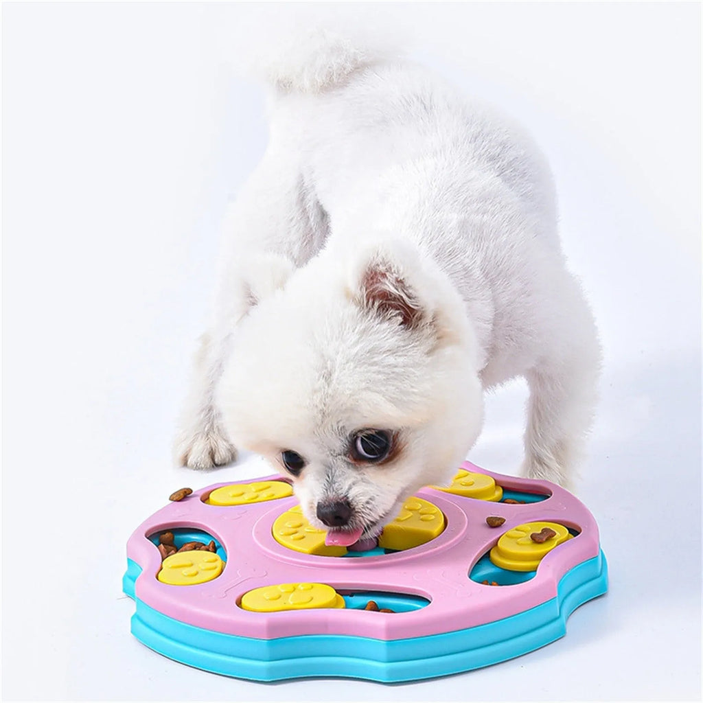 Blue and pink dog puzzle toy feeding bowl for aggressive chewers with treat compartments