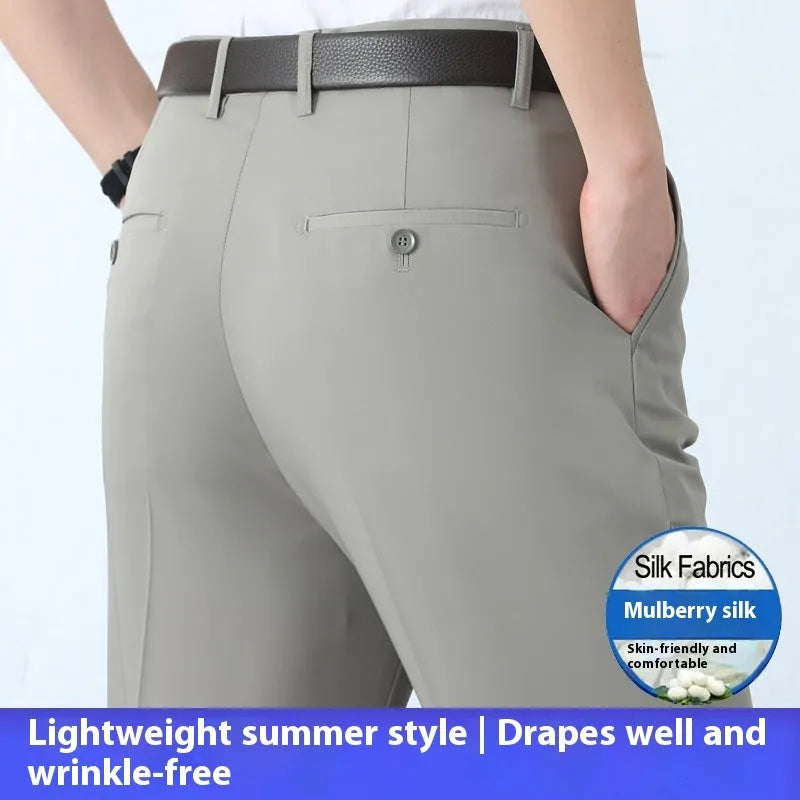 Men's straight-leg business trousers in mulberry silk blend fabric with non-iron properties