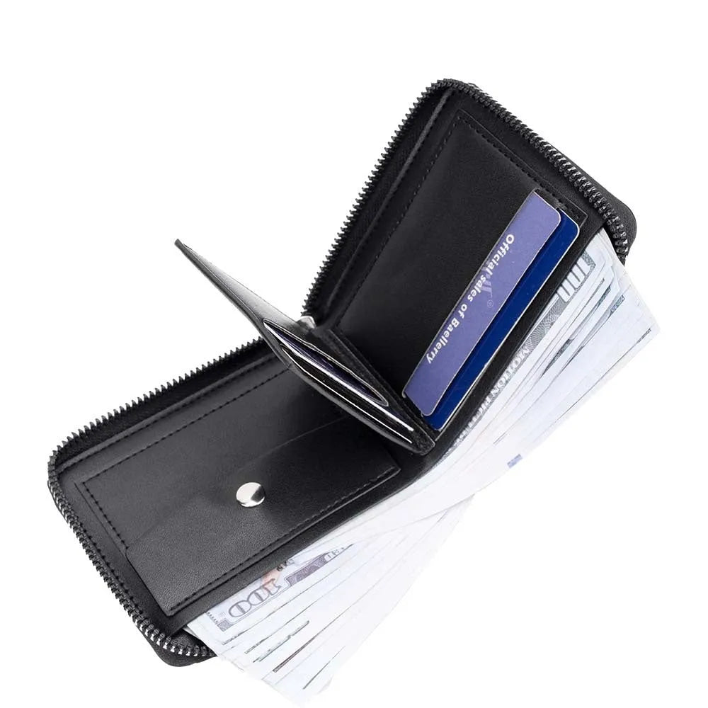 Leather anti-theft credit card wallet with zipper closure in black or brown colour with embossed detail
