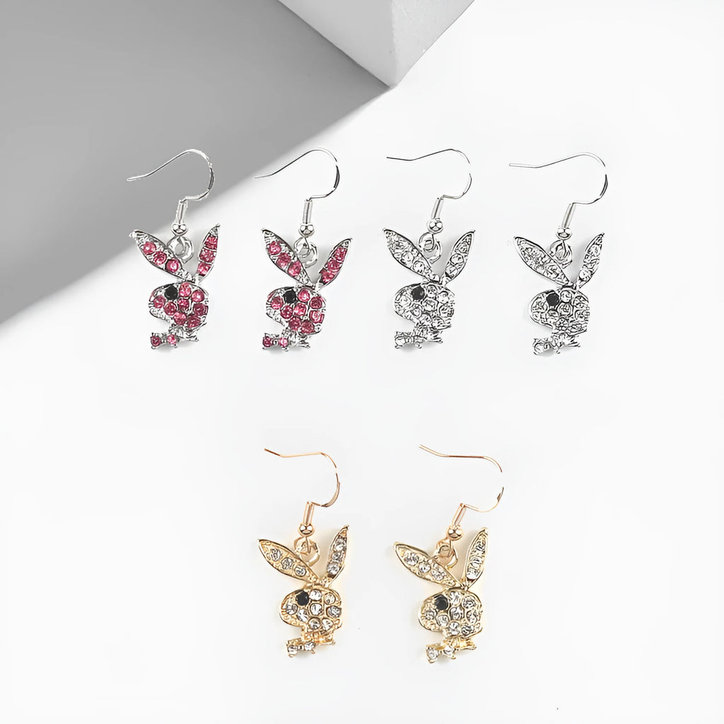 Cute rabbit stud earrings with diamond pattern in gold, pink, or silver alloy.