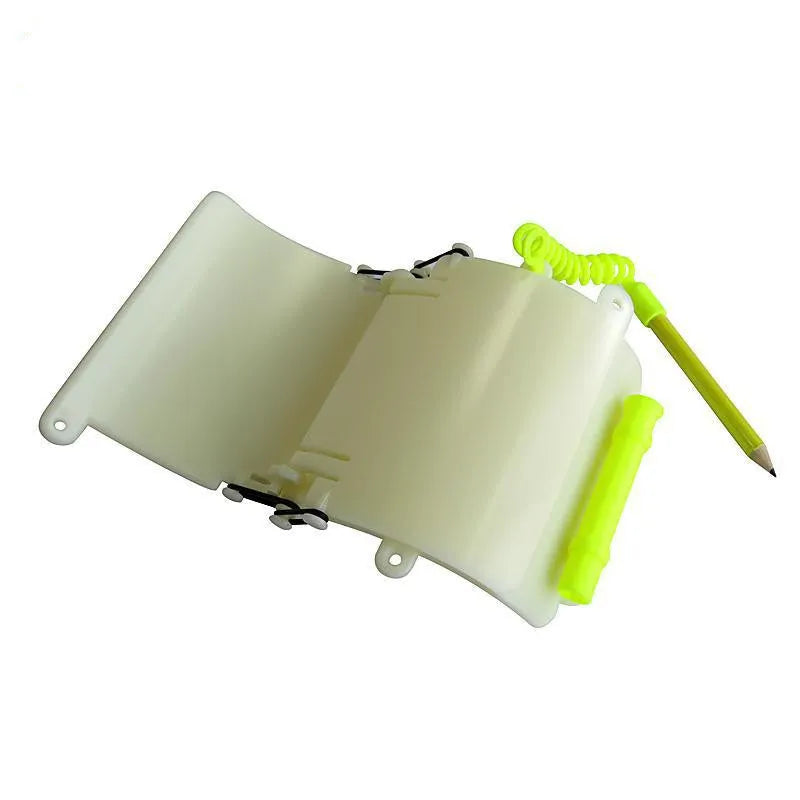 White luminous ABS diving wristboard with pencil and spare O-ring for underwater writing.