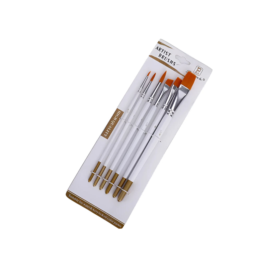 Set of six wood-handled artist paint brushes with aluminium ferrules on a white background.