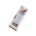 Set of six wood-handled artist paint brushes with aluminium ferrules on a white background.