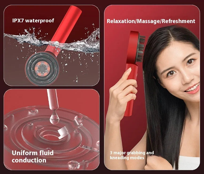 Black and red plastic electric massage comb for scalp with red and blue LED lights.