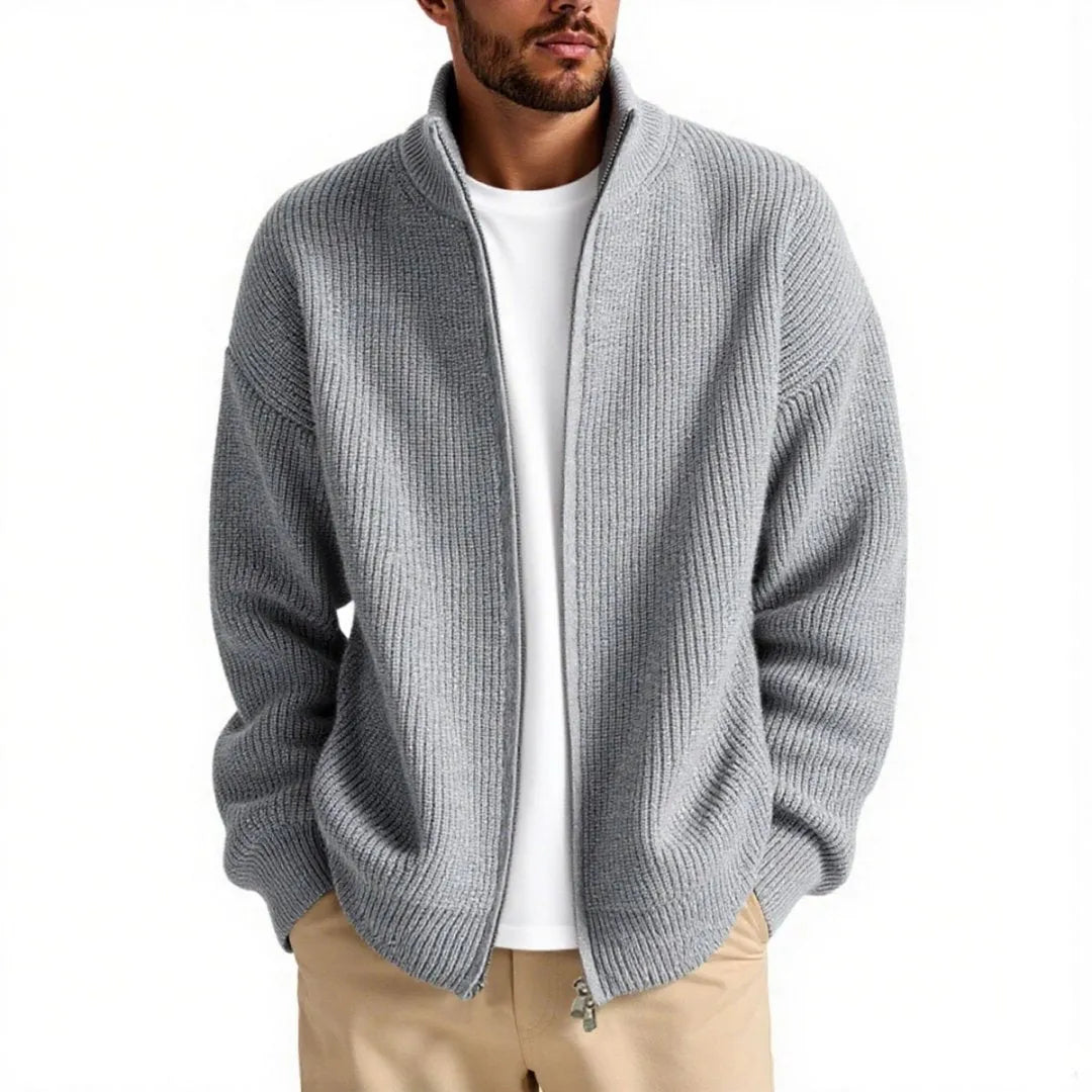 Loose fit men's cardigan sweater in an acrylic blend fabric on a hanger