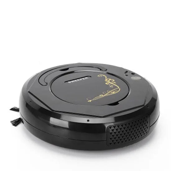 Blue round robot vacuum cleaner on a wooden floor next to its charging cable.
