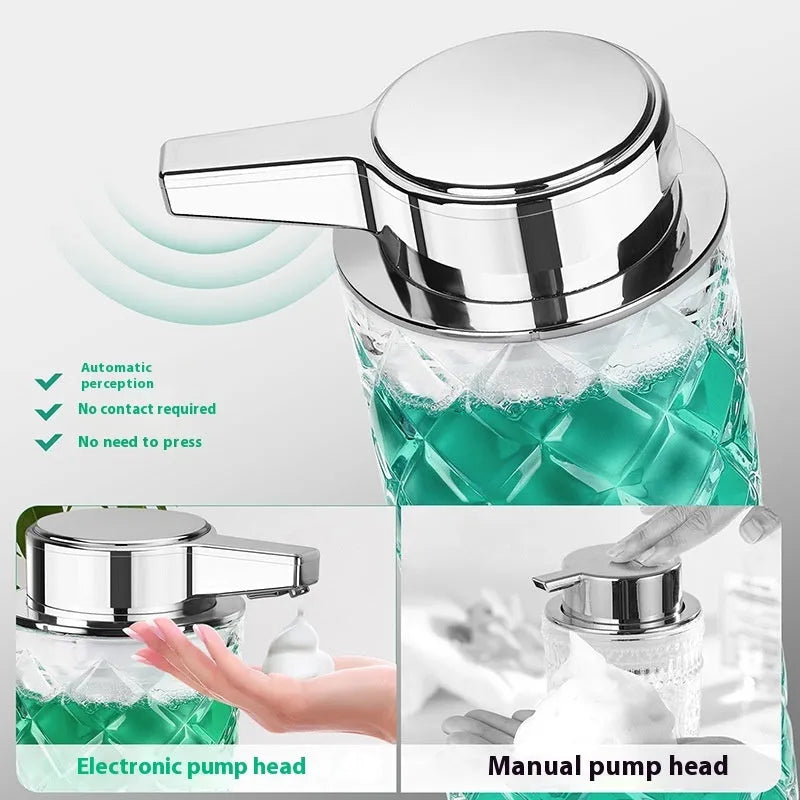 Automatic soap dispenser with silver finish and USB charging port
