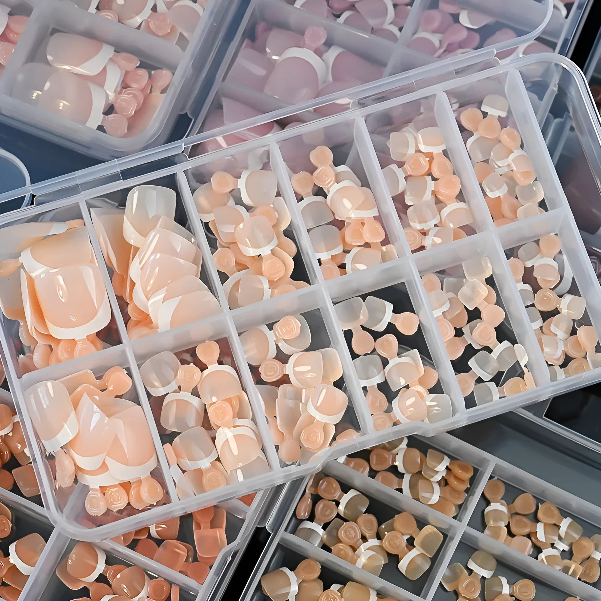 French white edge toenail pieces in full square short shape, nine nude colours TD245-B1 to B9, 120pc box