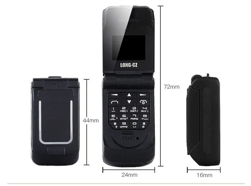 Mini flip phone with compact design showing flip cover mechanism and available in multiple colour options