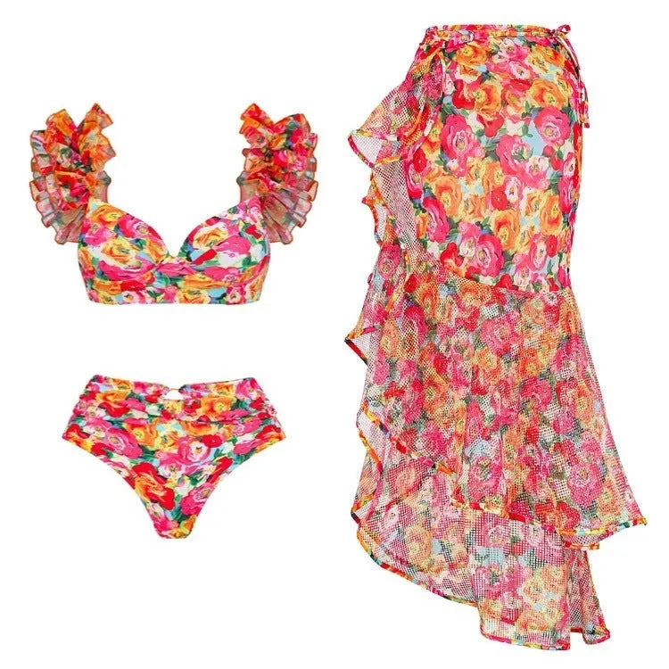 Women's floral print push up bikini with high waist briefs and matching skirt