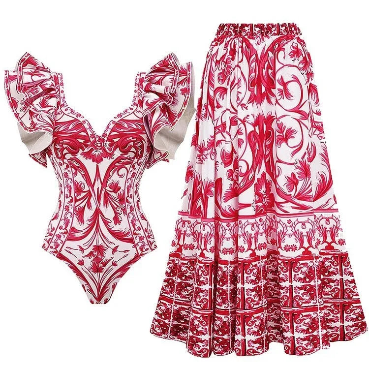 Women's polyester one-piece swimsuit in blue, rose pink, white colours with suit, swimsuit, and skirt style options