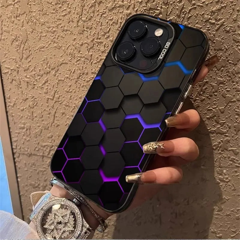 Frosted protective phone case for Apple iPhone with honeycomb pattern, shown in Moonlight Black colour.