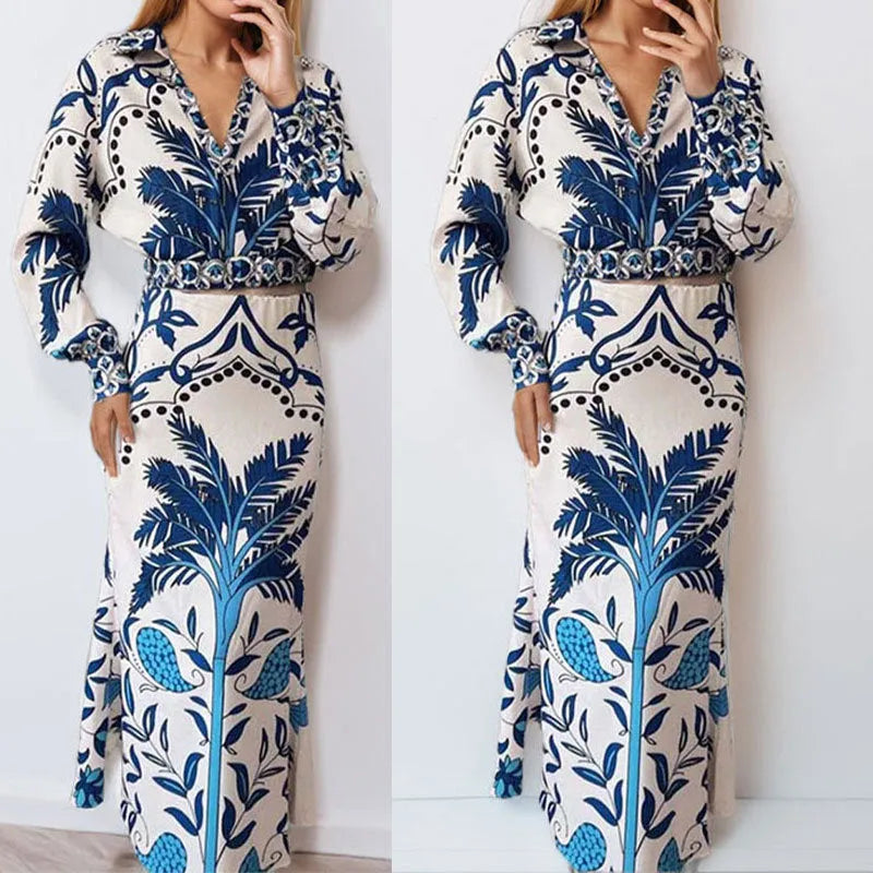 Women's long sleeve top and long skirt casual set in spring colour