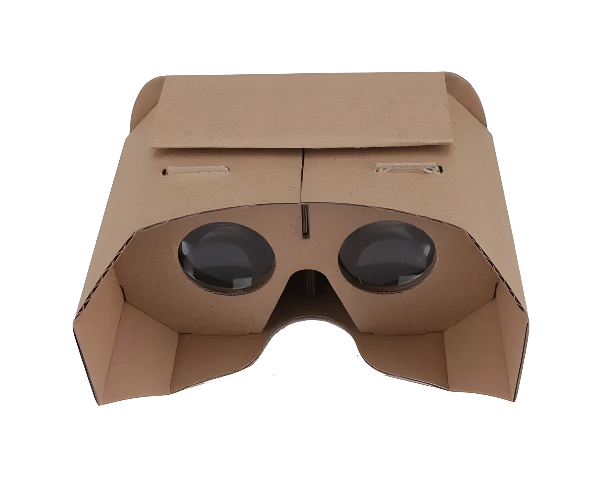 White cardboard virtual reality glasses headset for smartphones with 3D lens viewing.