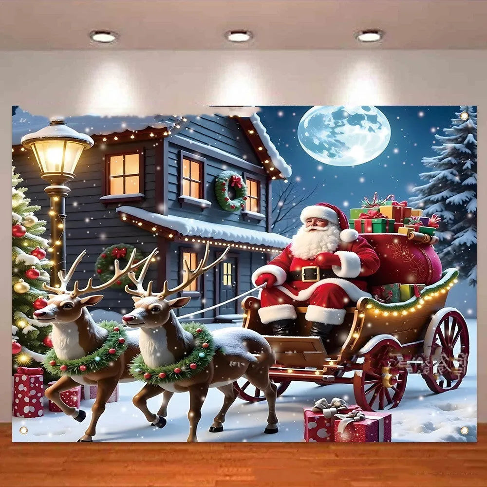 Santa Claus Christmas banner with night gift scene on polyester fabric measuring 210x150 cm