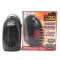 Small black mini ceramic electric heater with digital display and a rotating three-prong plug.