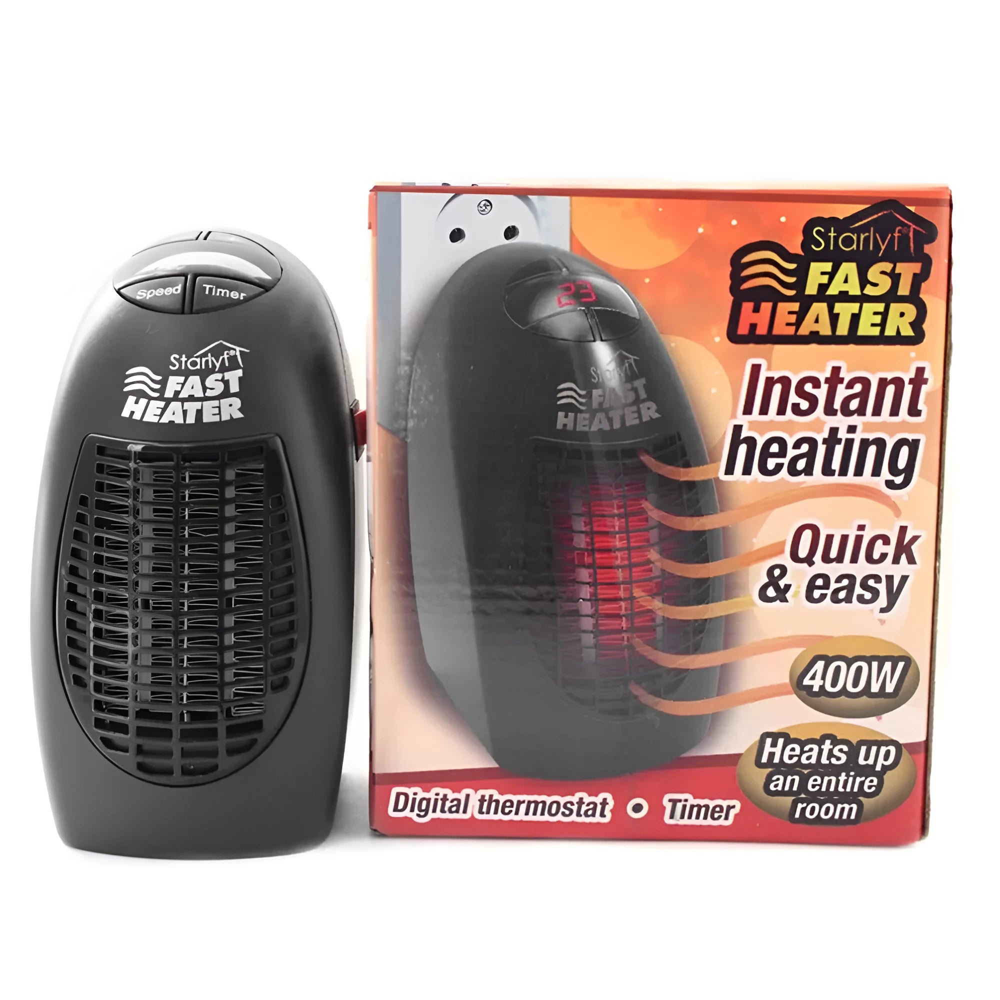 Small black mini ceramic electric heater with digital display and a rotating three-prong plug.