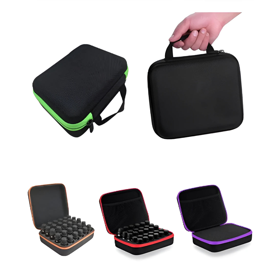 Cube-shaped essential oil storage bag with 30 compartments for 15ml bottles, shown in available colours.