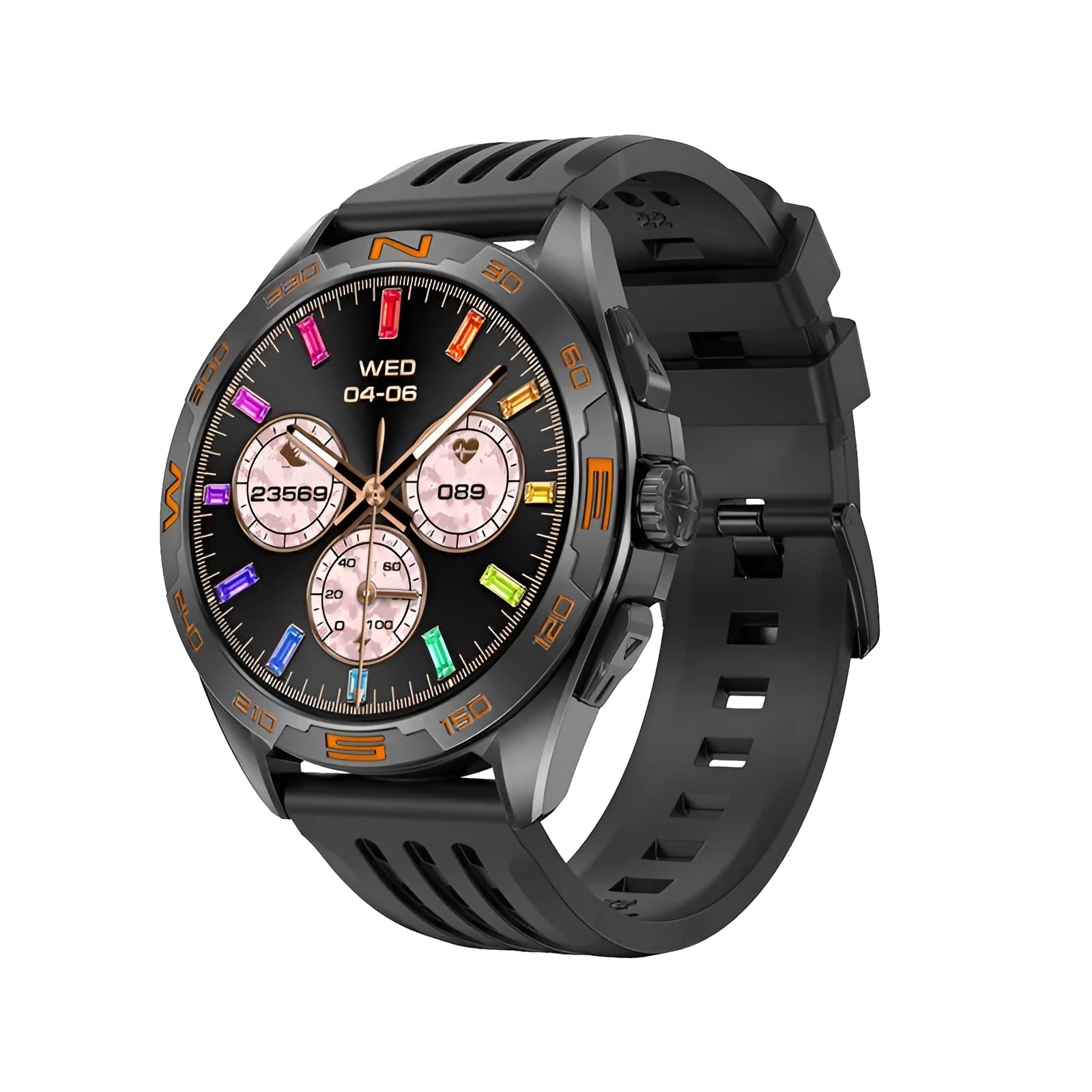 Smart watch with health monitoring display showing blood pressure, heart rate and oxygen readings