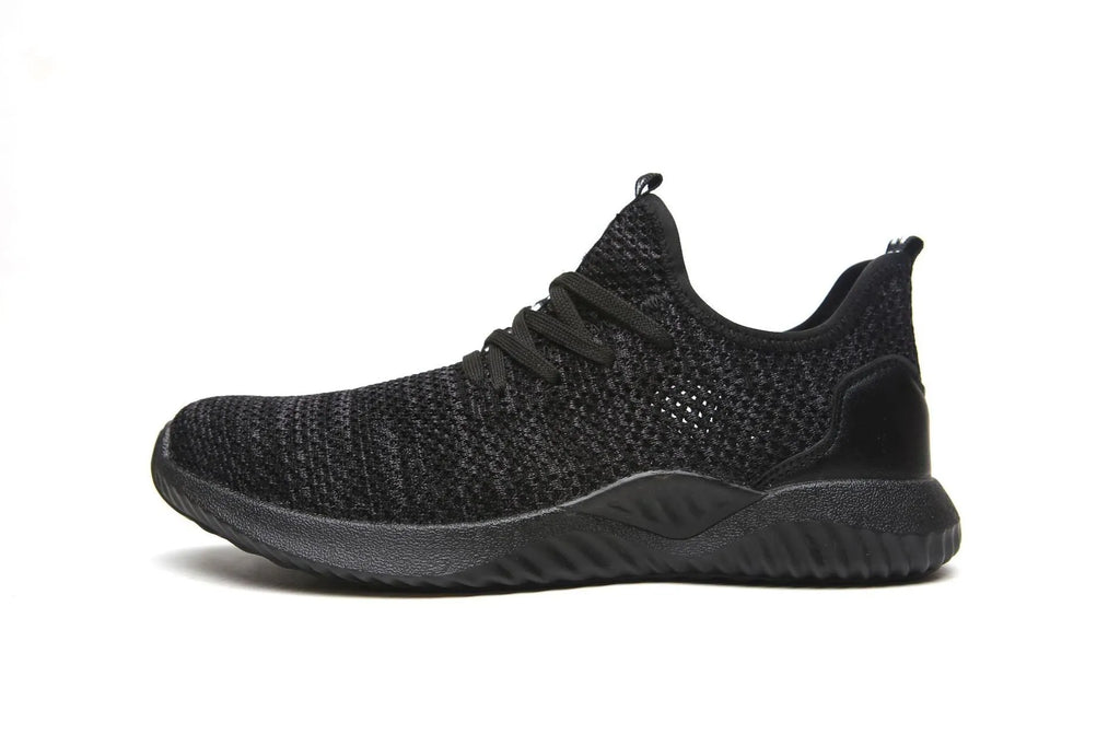 Black low-cut work safety shoes with a steel toe cap and EVA sole for shock protection.