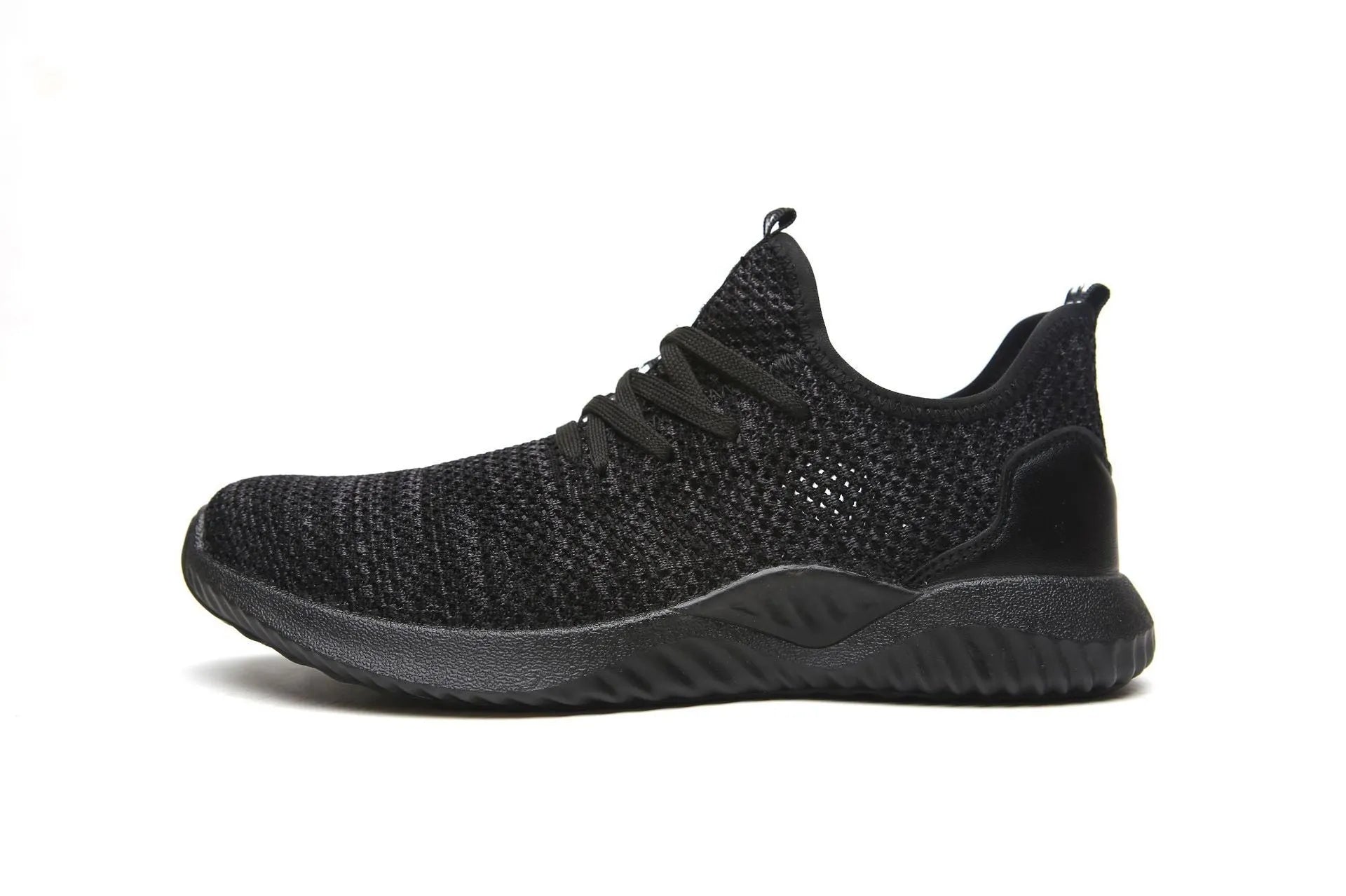 Black low-cut work safety shoes with a steel toe cap and EVA sole for shock protection.
